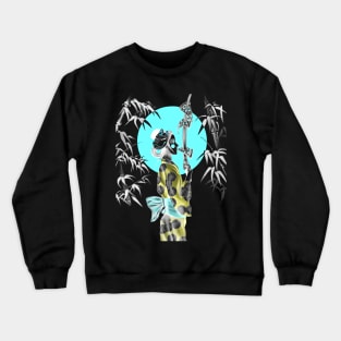 Japanese Geisha Eating NY Pizza with Samurai Sword Crewneck Sweatshirt